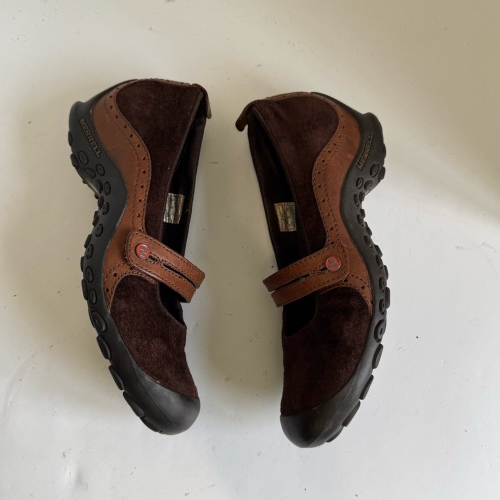 Merrell Plaza Bandeau 2 Toned Brown Leather Mary Jane Wedge Heels. Size 8.5
